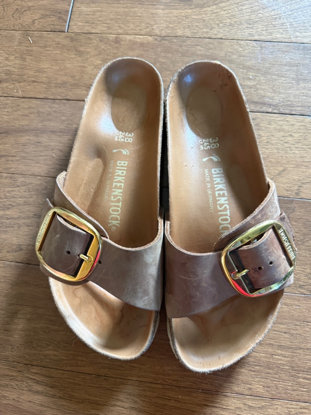 Birkenstock Madrid Brown Suede Single Buckle Slide with Gold Buckles